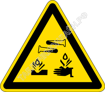 Изображение предупреждающего знака  W 04 Опасно. Едкие и коррозионные вещества ГОСТ Р 12.4.026-2015
